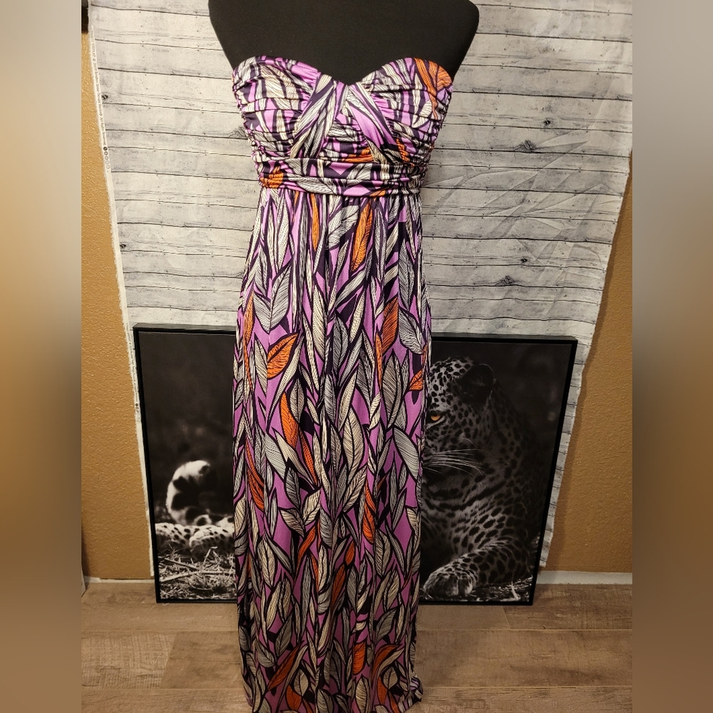 Gianni Bini Strapless Purple Leaf Maxi Dress Size XS